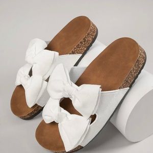 Double Bow Band Cork Sole Slide Sandals